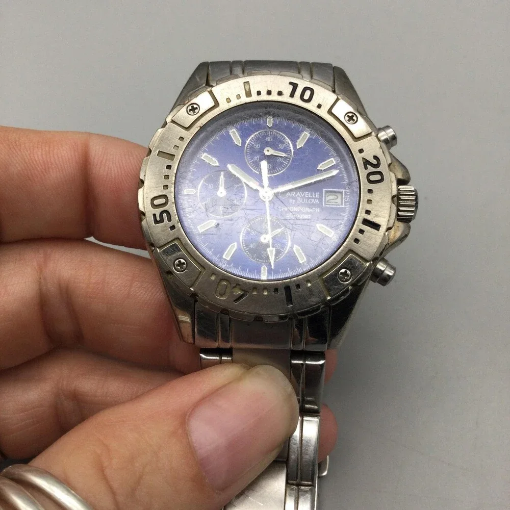 Caravelle By Bulova Mens Watch 39mm Blue Dial Chronograph New Battery 8.25